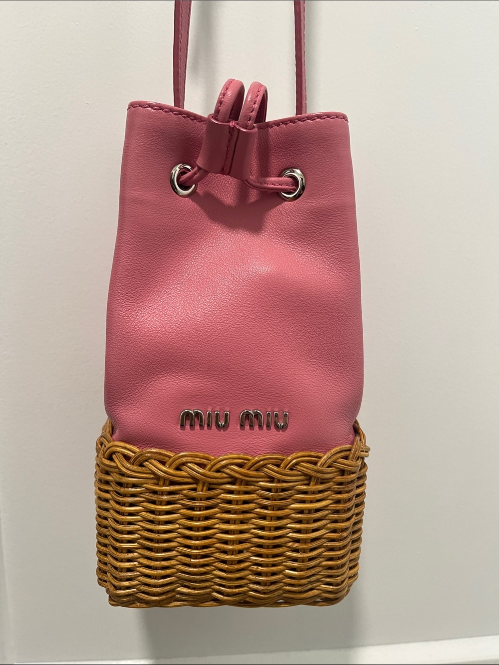 EUC Miu Miu Pink Leather & Woven Tan Bucket Mini Bag with COA